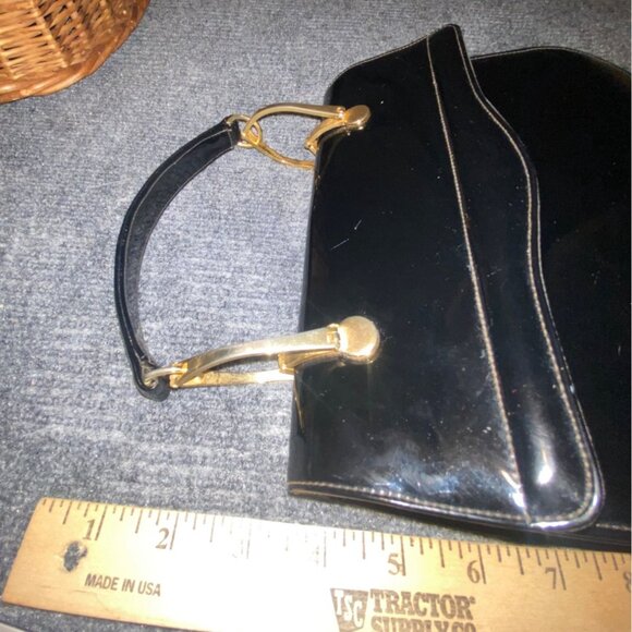 Vintage Black Patent Leather Handbag  Gold Tone Handle Hardware Classic USA - Picture 8 of 16